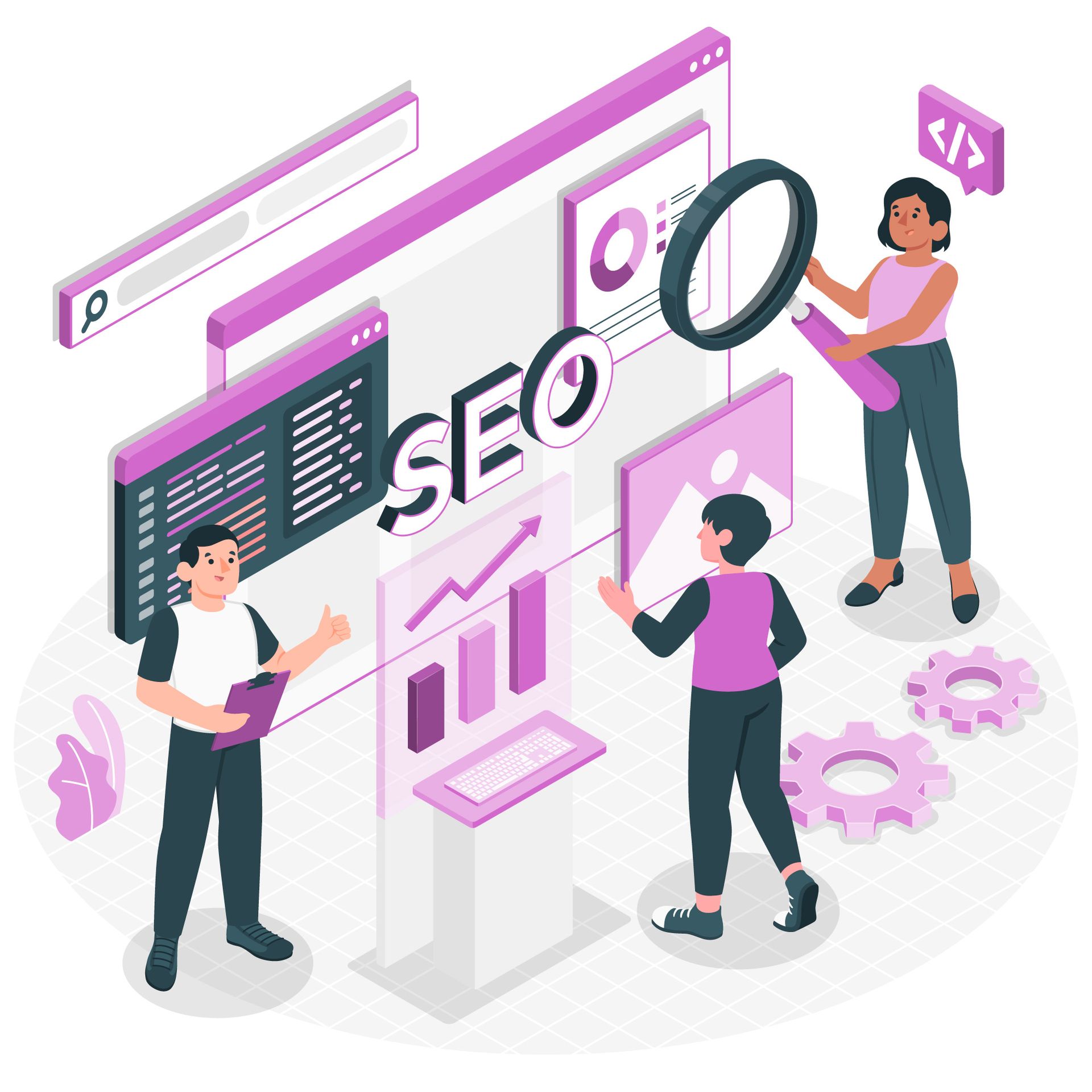 Illustration of three digital marketers working on SEO optimization to improve search rankings.